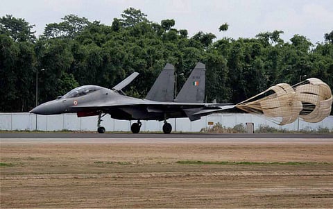 The Sukhoi-30 MKI Air Dominance Fighter landing at Advanced Landing Ground (ALG) at Pasighat after its inauguration on Friday