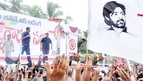 Actor and Jana Sena chief Pawan Kalyan addresses a massive public meeting at Kakinada in Andhra Pradesh on September 9