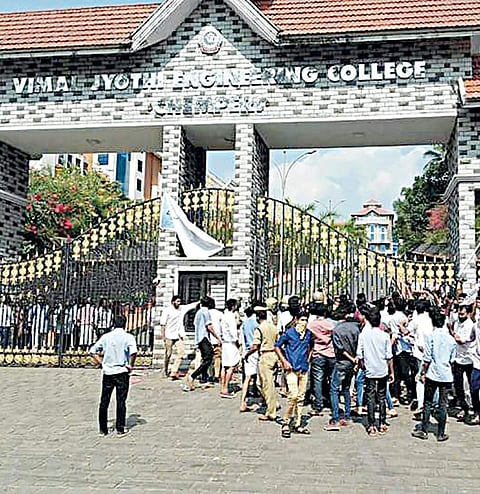 Students gathered to protest against alleged atrocities at Vimal Jyothi Engineering College in Chemperi on Friday