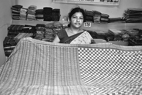 Sukanti Meher with her creation at Sisir Saras exhibition in Bhubaneswar | Express