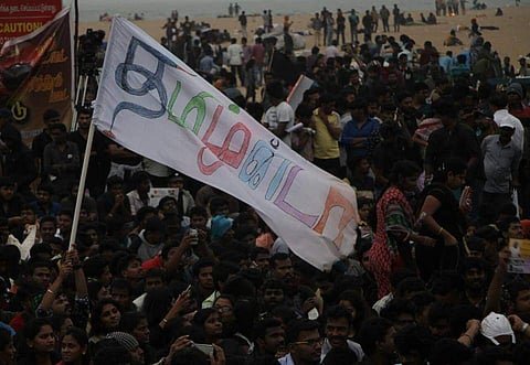 Protesters gathered at Marina beach in Chennai on Saturday. | (Ashwin Prasath | EPS)