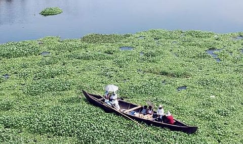 The bund at Pathalam which is in the eye of the storm. Protestors have camped before the gates of the bunds in a canoe. | (Melton Antony |EPS)