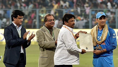 Indian Cricketer M.S.Dhoni being felicitated for his contribution in Indian Cricket during an interval of 3rd ODI Match between India and England at Eden Garden in Kolkata on Sunday evening. | PTI