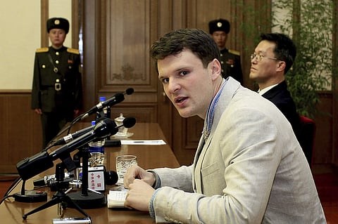 In this Feb. 29, 2016, file photo, American student Otto Warmbier speaks as Warmbier is presented to reporters in Pyongyang, North Korea. | AP