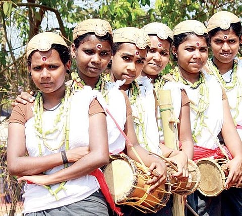 The students of Government High School at Balal in Kasargod, who won ‘A’ grade at the State School Youth Fest in Kannur on Sunday | T K Swaroop