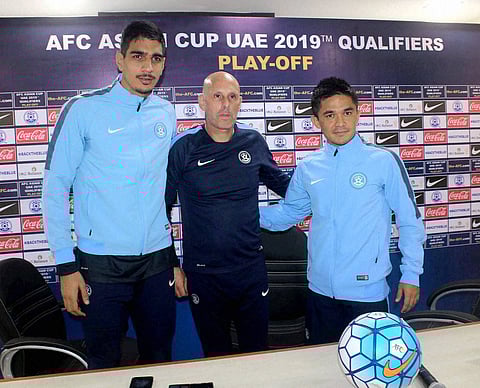 Indian Football team players Sunil Chhetri and Gurpreet Singh Sandhu with coach Stephen Constantine. | PTI File Photo