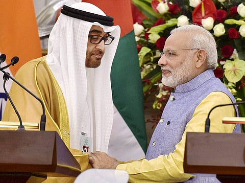 Prime Minister Narendra Modi shakes hand with Abu Dhabi's Crown Prince Sheikh Mohammed bin Zayed Al Nahyan after signing of agreements between the two countries in New Delhi | PTI