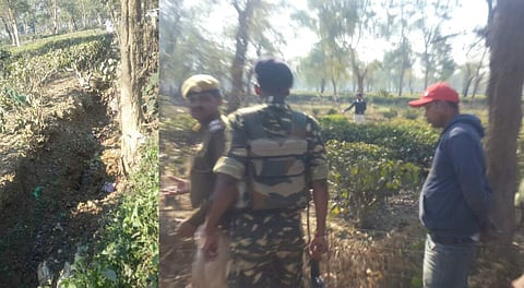 Site of blast where the blasts left a crater (left). Security personnel inspecting the site. (ENS)