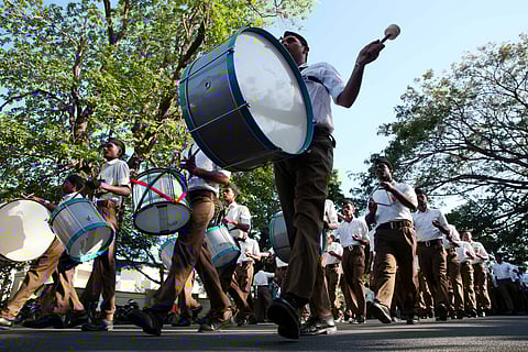 Rashtriya Swayamsevak Sangh activists carrying out a route march in front of Rajarathinam stadium in Egmore on Sunday | Sunish P Surendran
