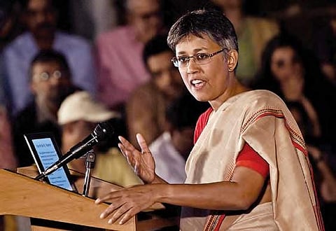 Professor Nandini Sundar delivers a lecture on the civil war in Bastar, at Saptaparini in Hyderabad on Wednesday | vinay madapu