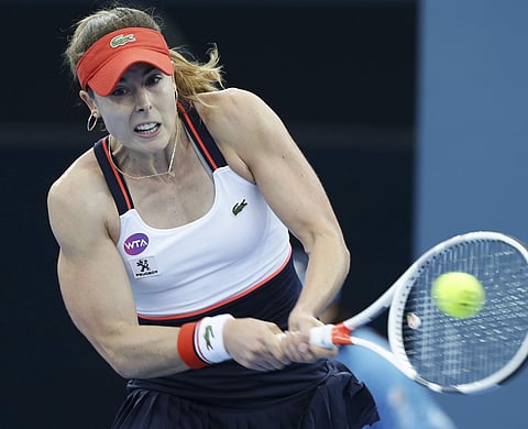 France's Alize Cornet plays a shot during her quarterfinal match against Dominika Cibulkova of Slovakia at the Brisbane International tennis tournament. | AP