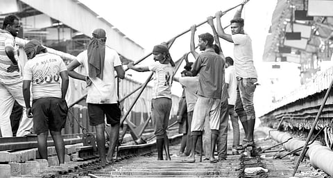 Work underway to repair the worn-out apron on platform one of Chennai Centra railway station on Tuesday | Silambarasan p