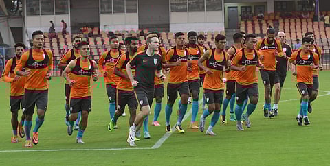 The Indian senior team during a practice session in Bengaluru on Tuesday. | Express Photo Service