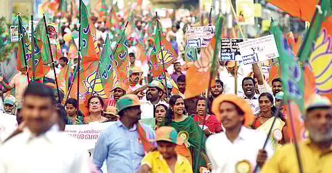BJP's Jana Raksha Yatra, which attracted a huge contingent of BJP workers, passing through Kochi on Wednesday | Albin Mathew