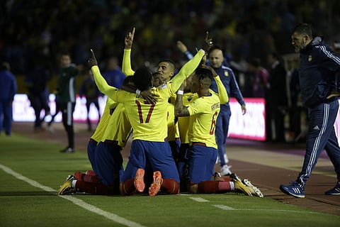 Players of Ecuador celebrate after Ecuador's Romario Ibarra scored against during their 2018 World Cup qualifying soccer match at the Atahualpa Olympic Stadium in Quito, Ecuador, Tuesday, Oct. 10, 2017. | AP