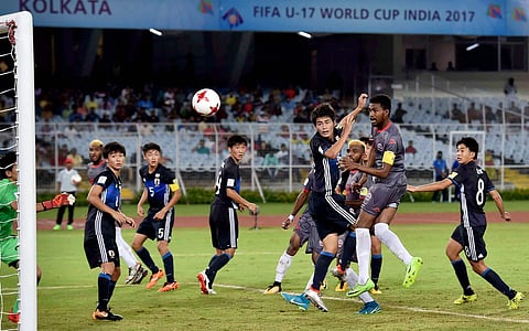 New Caledonia midfielder Jekob Jeno 2nd R scoring a goal to equalise the score against Japan during FIFA World cup U-17 Group E Match.|PTI
