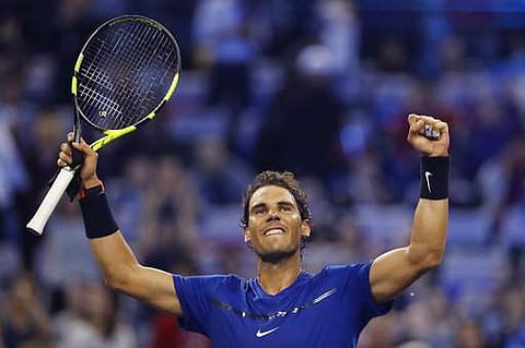 Rafael Nadal of Spain celebrates after winning his men's semifinals match against Marin Cilic of Croatia in the Shanghai Masters tennis tournament.|AP