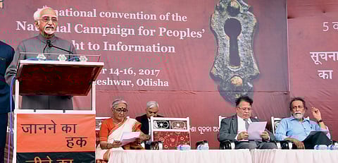 Ex-VP Mohammad Hamid Ansari addressing 5th national convention on RTI in Bhubaneswar on Saturday | Express