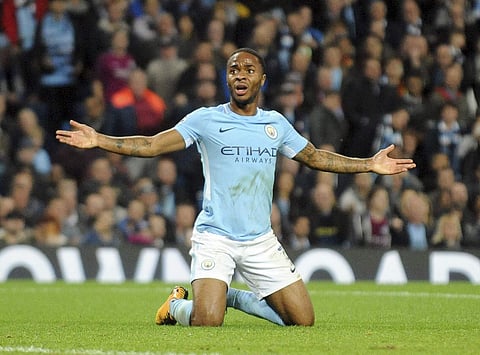 In this Tuesday, Sept. 26, 2017 file photo, Manchester City's Raheem Sterling gestures during the Champions League Group F soccer match between Manchester City and Shakhtar Donetsk at Etihad stadium, Manchester, England.| AP