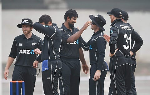 New Zealand players celebrate the wicket of K L Rahul of Indian Board President XI during a practice match in Mumbai.|PTI