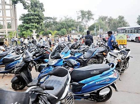 Commuters using no parking space to park their two wheelers at Jubilee Bus Station in Hyderabad on Tuesday | sayantan ghosh