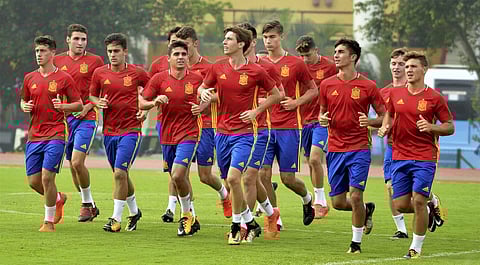 The Spanish team at a practice session for FIFA U-17. (PTI Photo)