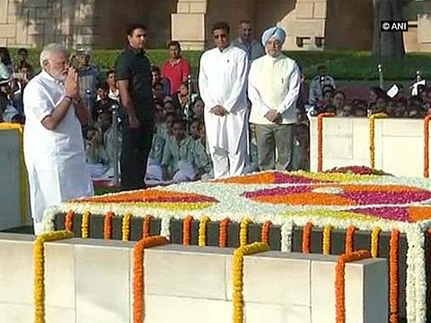 Prime Minister Narendra Modi pays tributes to Mahatma Gandhi at Delhi's Rajghat. | ANI