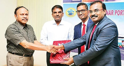 Thoothukudi V O Chidambaranar Port Trust Chairman I Jeyakumar receiving the award from Indian Register Quality Systems Lead Auditor Suresh Nathan, in the presence of Deputy Chairman and management representative S Natarajan at a function in Thoothukudi |