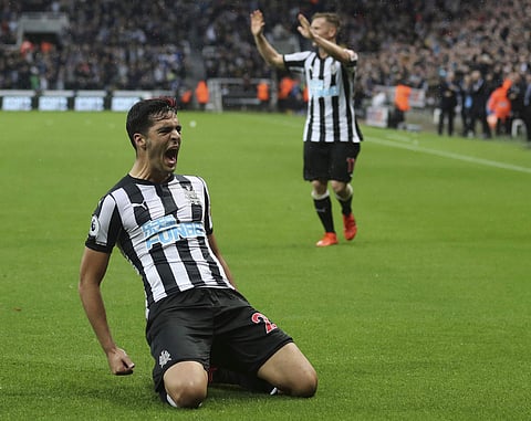 Newcastle United's Mikel Merino celebrates scoring his side's first goal of the game during the EPL match against Crystal Palace. | AP