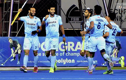Indian players celebrate after scoring a goal against Malaysia in the final of the Hero Asia Cup 2017 at the Maulana Bhashani National Hockey Stadium in Dhaka. | PTI