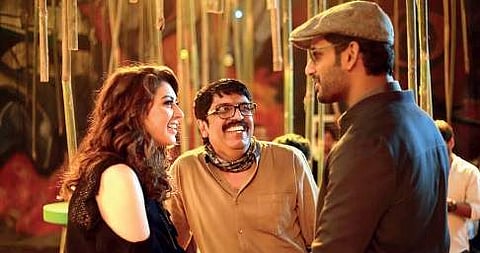 Hansika with director B Unnikrishnan and actor Vishal on the sets of Villain