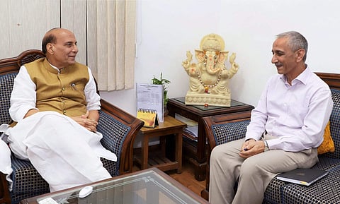 New Delhi Dineshwar Sharma former Director of Intelligence Bureau calling on the Union Home Minister Rajnath Singh after being appointed as the Representative of Government of India to initiate dialogue in Jammu and Kashmir in New Delhi on Monday. (Photo