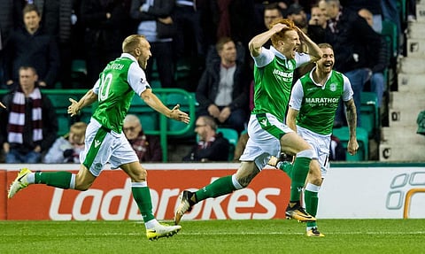 Hibernian striker Simon Murray celebrates after scoring a goal against Hearts. (Photo | Hibernian Twitter)
