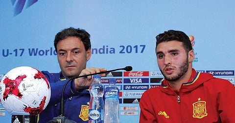 Spain coach Santiago Denia and captain Abel Ruiz addressing the media. (K Shijith | EPS)