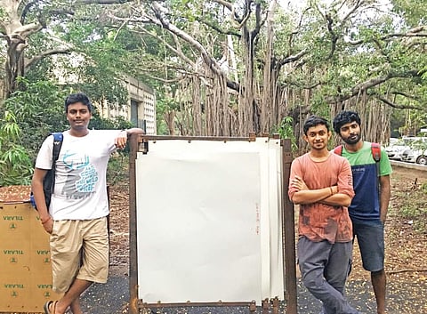 Gopinath P with fellow classmates and prototype of the temporary shelter. They are soon going to launch a startup around their concept