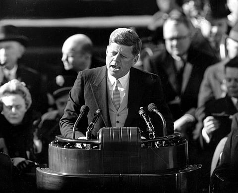 In this Jan. 20, 1961 file photo, President John F. Kennedy delivers his inaugural address after taking the oath of office on Capitol Hill in Washington. (AP)