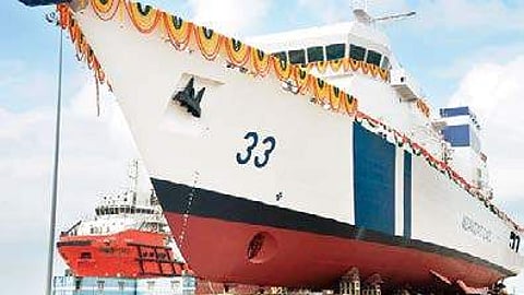 Vikram, the country’s first offshore patrol vessel, during its launch from the L&T shipbuilding yard in Kattupalli