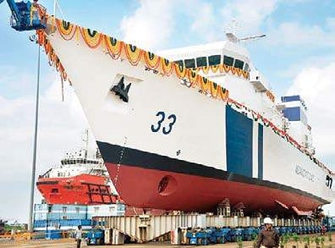 Vikram, the country’s first offshore patrol vessel, during its launch from the L&T shipbuilding yard in Kattupalli | Express