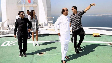 Tamil superstar Rajinikanth, Bollywood actors Amy Jackson, Akshay Kumar, director Shankar and Oscar award winning music composer A R Rahman arrive for the audio launch of upcoming flick 2.0, at a grand function in Dubai on Thursday. (PTI)