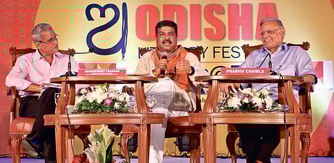 Union petroleum Minister Dharmendra Pradhan in conversation with Editorial Director of The New Indian Express Prabhu Chawla and resident Editor, Odisha Srimoy Kar at Odisha Literary Festival in Bhubaneswar on Saturday. Express Photo | Shamim Qureshy
