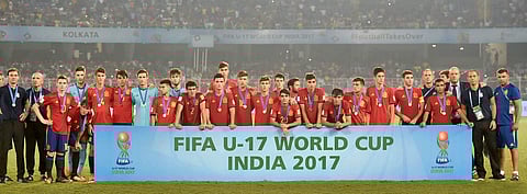 Spain team poses for photo session as runner up of FIFA U-17 World cup in Kolkata on Saturday evening. | PTI