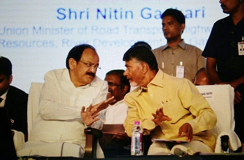 Vice President Venkaiah naidu with Andhra Pradesh CM Chandrababu Naidu in Vijayawada on Tuesday. (P Ravindra Babu | EPS)