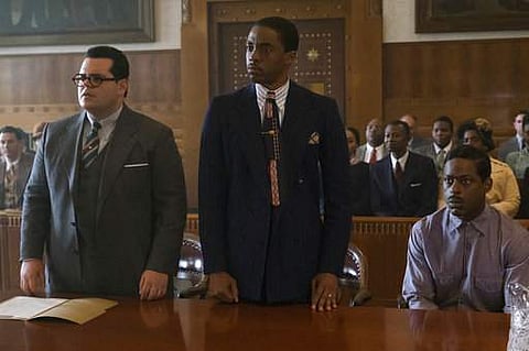 This image released by Open Road Films shows, from left, Josh Gad, Chadwick Boseman and Sterling K. Brown in a scene from 'Marshall.' | AP