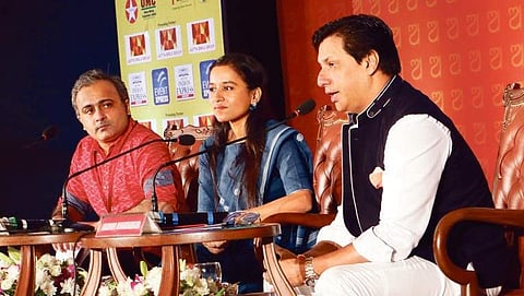 Jai Arjun Singh, Tillotama Shome and Madhur Bhandarkar speaking at the session on 'Changing face of Indian Cinema' | Express