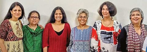(L-R) Madhu Nataraj, curator - dance segment, Dr Pramila Lochan curator - art segment, MD Pallavi, curator - music segment, Ammu Joseph, advisor - literary segment, Sandhya Mendonca, festival director and Arundhati Raja, curator - theatre segment