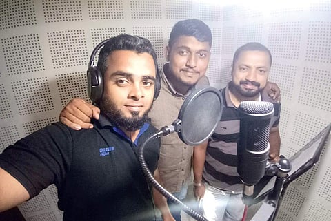Singers Shafeeq Bava, Sadique Pandallur and Shihab Pookkolathur during recording at a studio in Kondotty.
