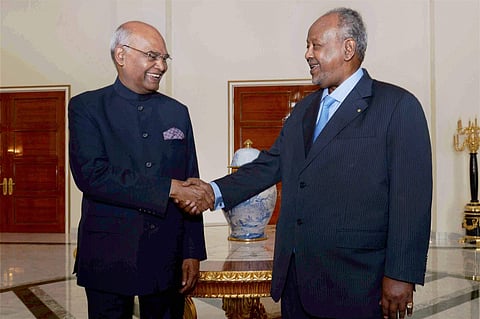 President Ram Nath Kovind is greeted by the President of Djibouti, Ismail Omar Guelleh, at the Presidential Palace in Djibouti on Wednesday. (Photo | PTI)