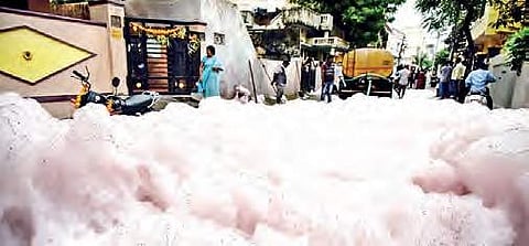 A manhole at Kodandaram Nagar in Hyderabad started releasing toxic foam on Tuesday after heavy rains on Monday | Vinay Madapu