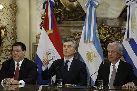 Horacio Cartes, President of Paraguay, Argentina's President Mauricio Macri and Uruguay's President Tabare Vazquez, from left, attend a press conference at the government house after a meeting in Buenos Aires, Argentina, Wednesday, Oct. 4, 2017. | AP