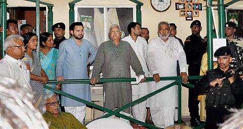 RJD chief Lalu Prasad with party leaders Raghuvansh Prasad Singh, Dy CM Tejashwi Yadav and others. (File | PTI)
